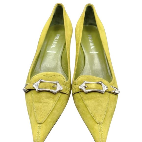 Prada Women's Green and Yellow Suede Kitten Heels - Picture 4 of 5